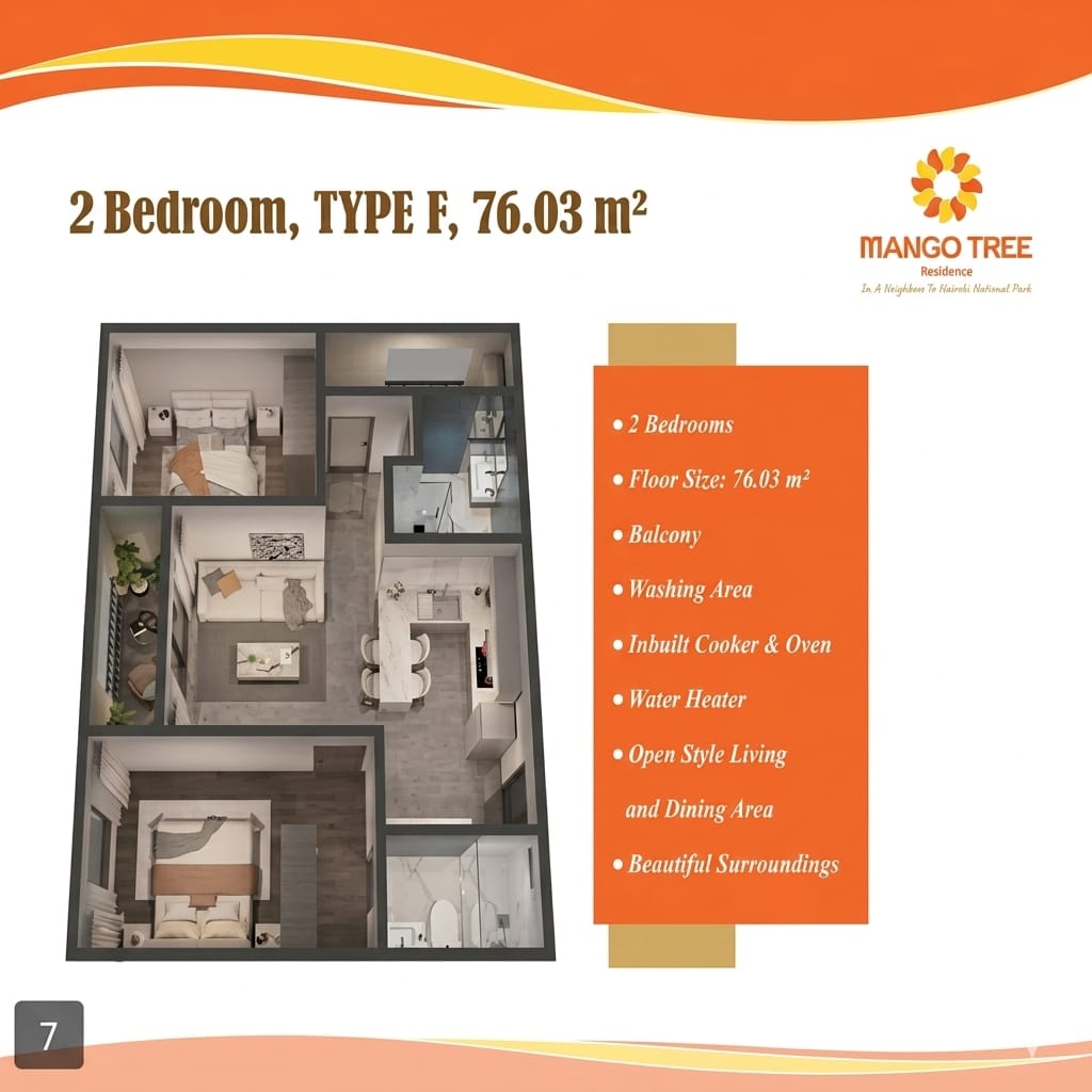 Type F two-bedroom apartment floor plan at Mango Tree Residence, Syokimau